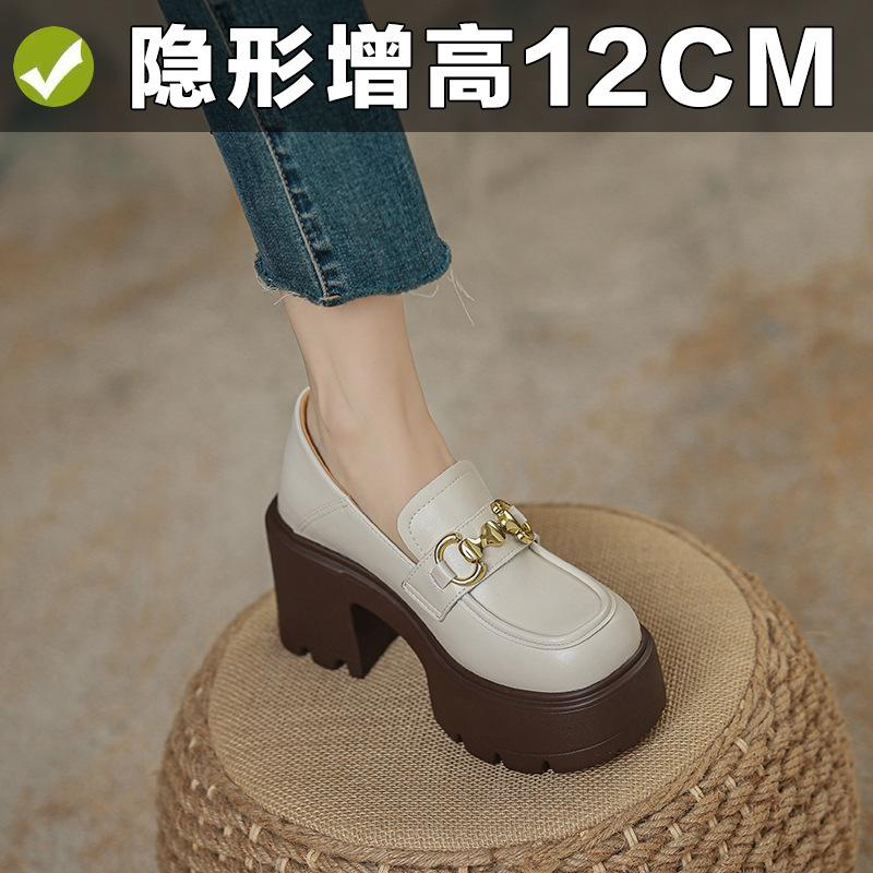 

12Cm small man inner height increase small size 32 metal buckle thick sole one pedal white small leather shoes women 39