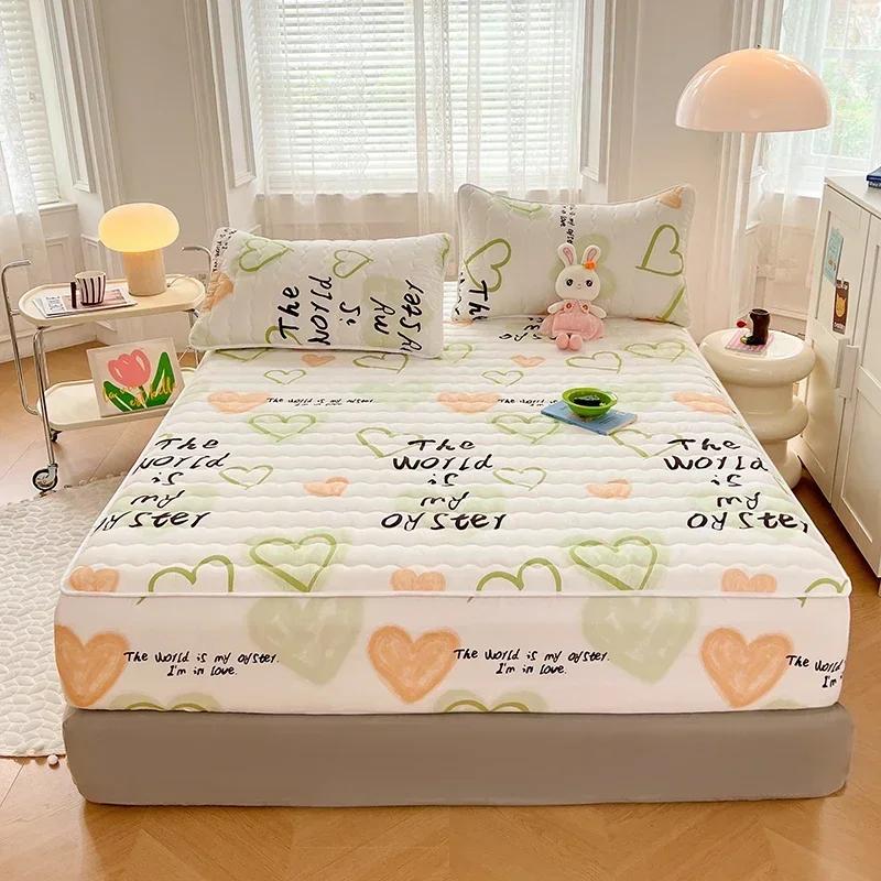 

Thicken Quilted Mattress Cover King Quilted Bed Fitted Bed Sheet Anti-Bacteria Mattress Queen Bed Cover with 2PCS Pillowcase 150x200cm-3PCS