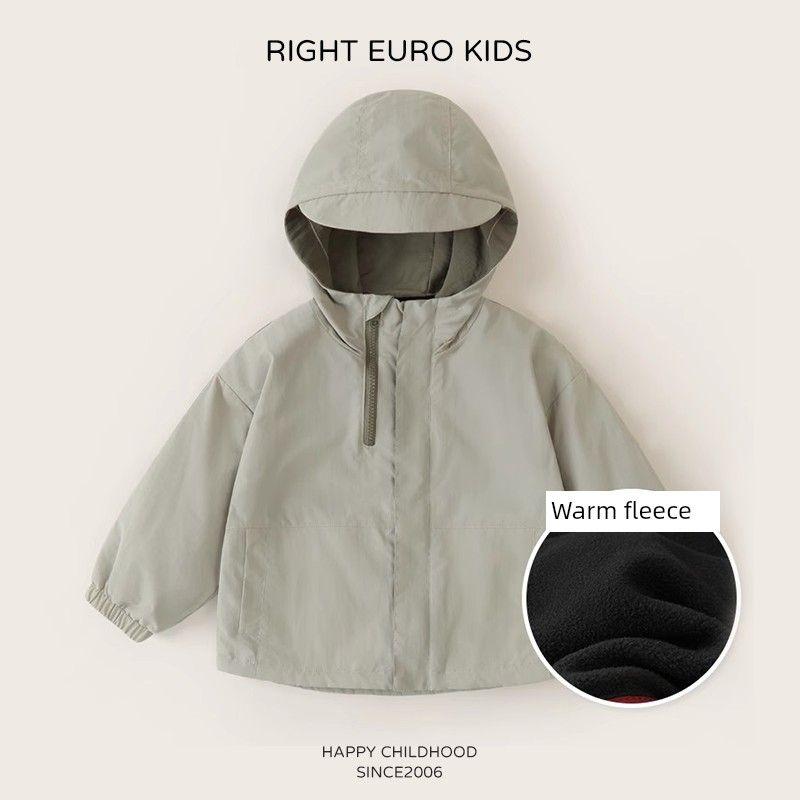 European Style Boys' Jacket with Fleece Lining for Autumn and Winter, Girls' Top, Baby Hooded Clothing, Waterproof Winter Wear, Children's Clothing