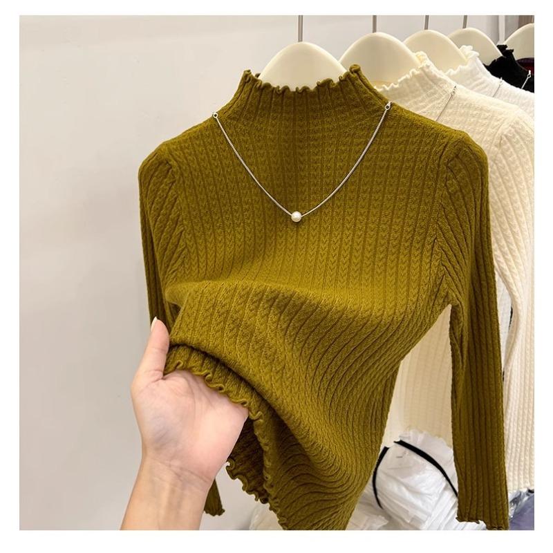 Autumn Winter Semi Turtleneck Knitted Pullover Women Sweater Casual Simple Bottoming Shirt Office Basic Pleated Solid Color Tops New Woman Clothing