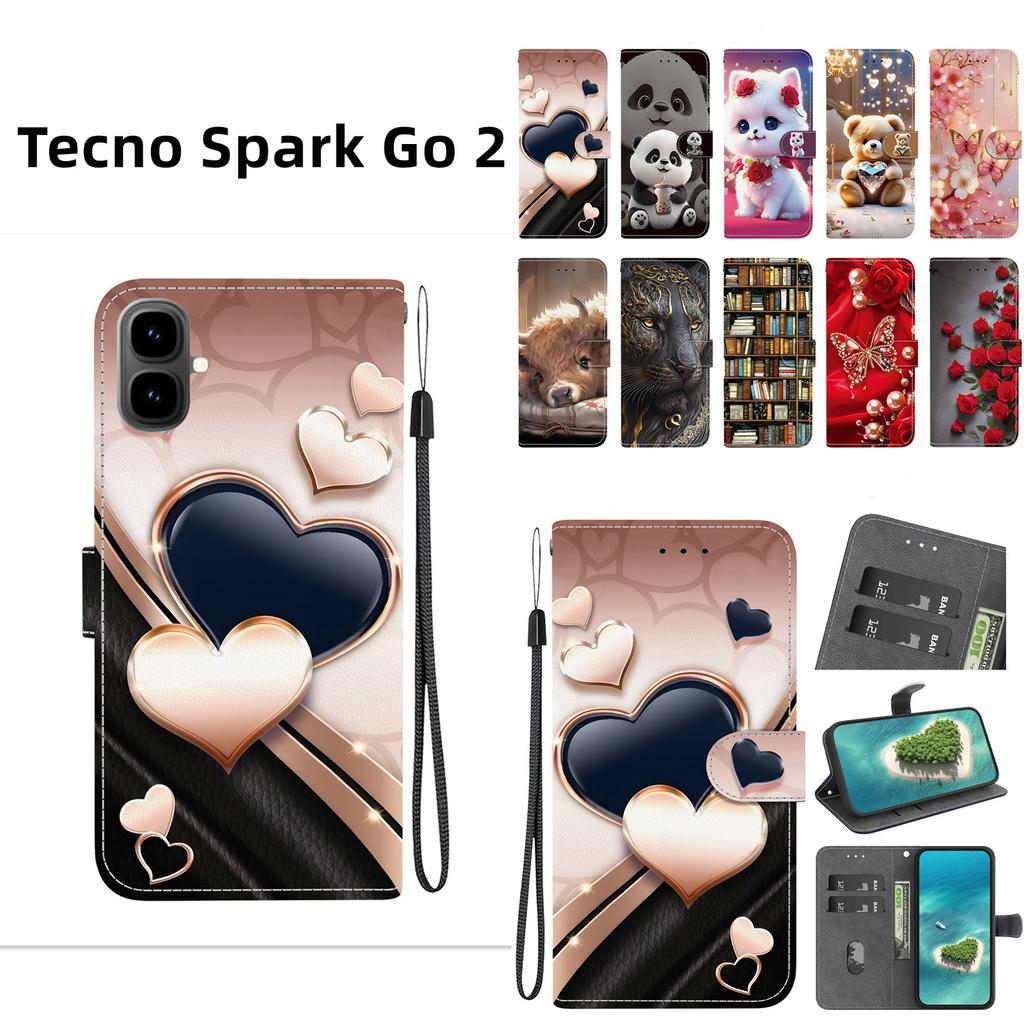 Handmade PU Leather Flip Case for Tecno Spark Go 2 Anti-Slip Shockproof Cover with Wrist Strap & Heart/Rose Cat Designs