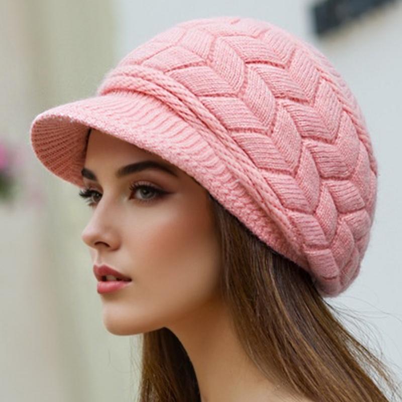 

Women Knitted Cap Warm Beanie With Brim Camping Ribbed Knit Hats Retro Multiple Options Available розовый