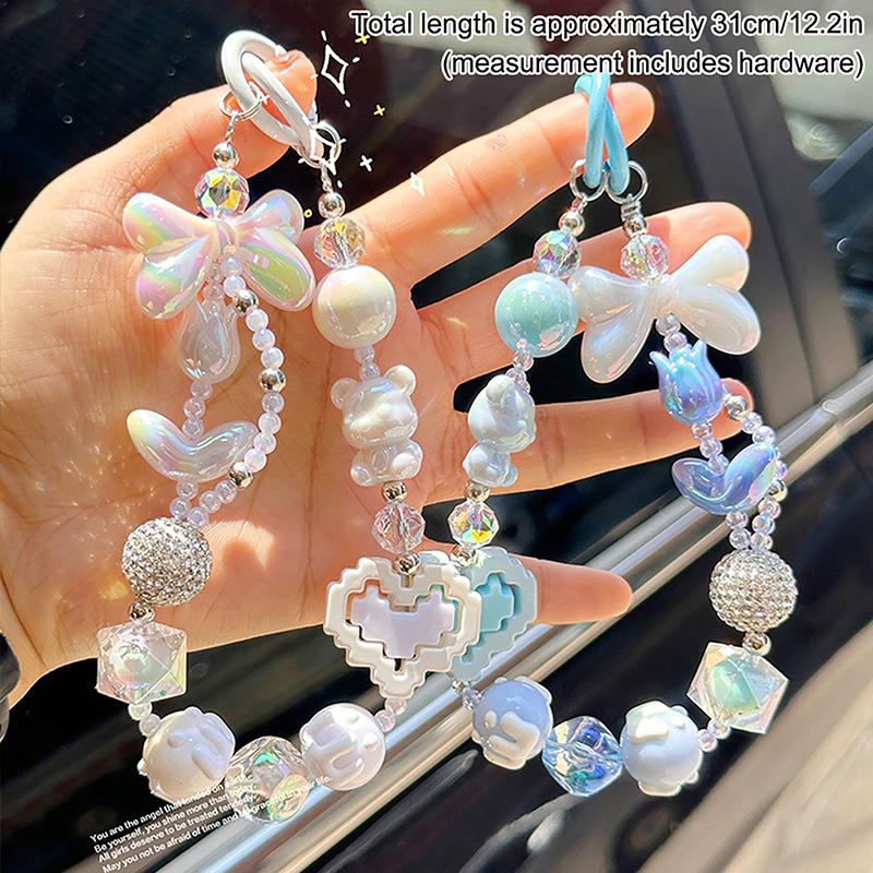 Painted Beads Phone Chain Sweet Girl Bowknot Keychain Anti-Lost Wrist Strap Bag Decor Earphone Case Pendant
