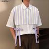 INCERUN Oversized Men Lapel Short Sleeve Crochet Patchwork Bow Casual Loose Shirts Tops