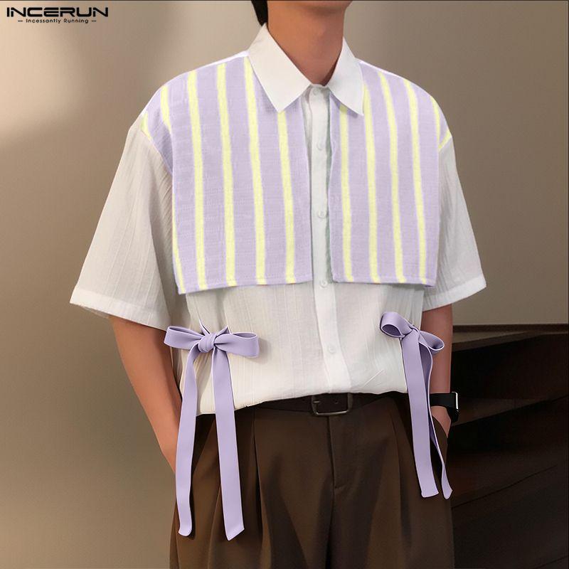INCERUN Oversized Men Lapel Short Sleeve Crochet Patchwork Bow Casual Loose Shirts Tops