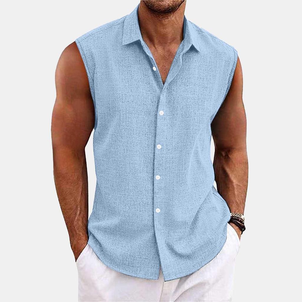 Men's Solid Color Lapel Button Up Vest Shirt T-shirt Top