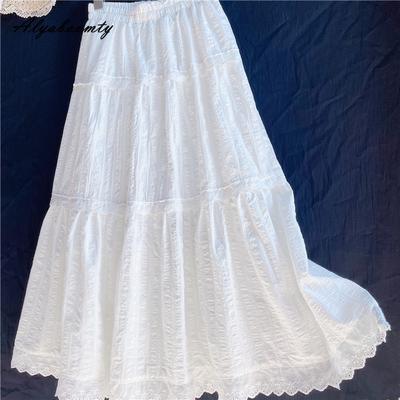 Japonais Mori fille printemps été femmes blanc a-ligne jupe taille haute Jacquard coton broderie jupes douces femmes