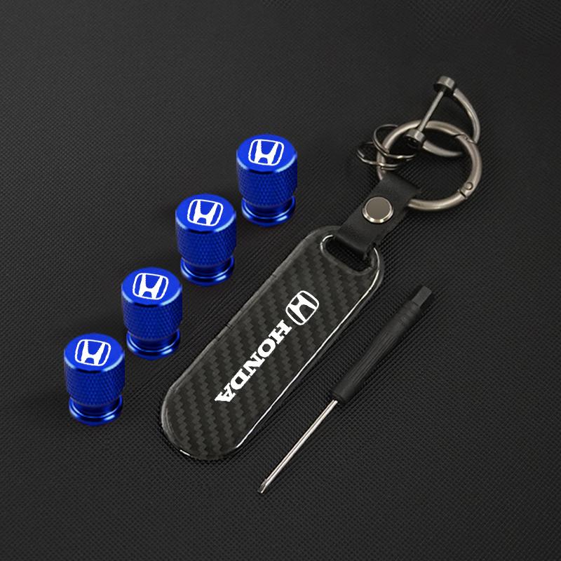AAAKS1 Motorcycle Carbon Fiber Key Chain +Wheel Tire Valve Caps Set for Mugen Power Honda Civic Accord CRV Hrv Jazz Styling Accessories