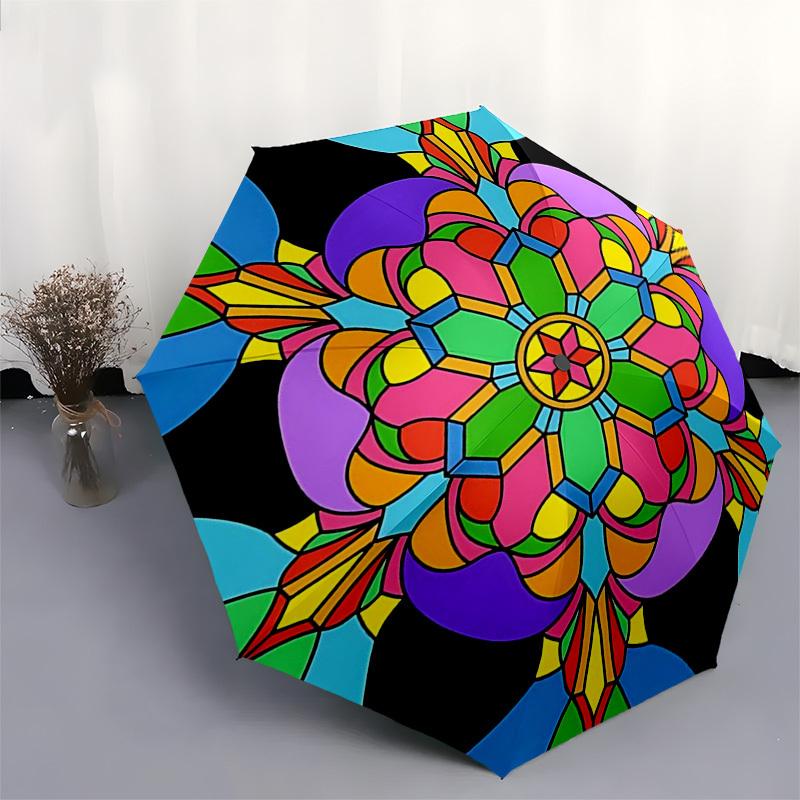 1pc Colorful Mandala Pattern Automatic Folding Umbrella - Portable 3-Fold Design with 8-Bone Iron Frame - Outdoor for Fans, Travelers, Daily Use - Per