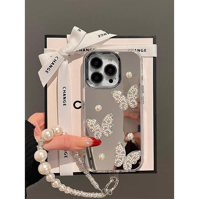 Electroplating Mirror Three-dimensional Pearl Butterfly Phone Case for IPhone 17, Apple 16, Promax Women's 14 Personality