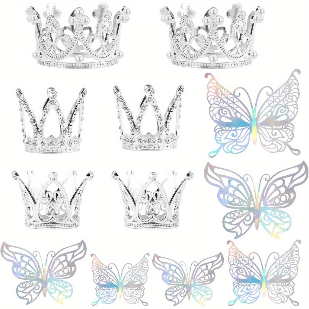 9PCS Crown Cake Topper Mini Tiara with 3D Butterfly Decoration Vintage Pearl Rhinestone Crown Cake Topper Cupcake Topper Cake Decoration