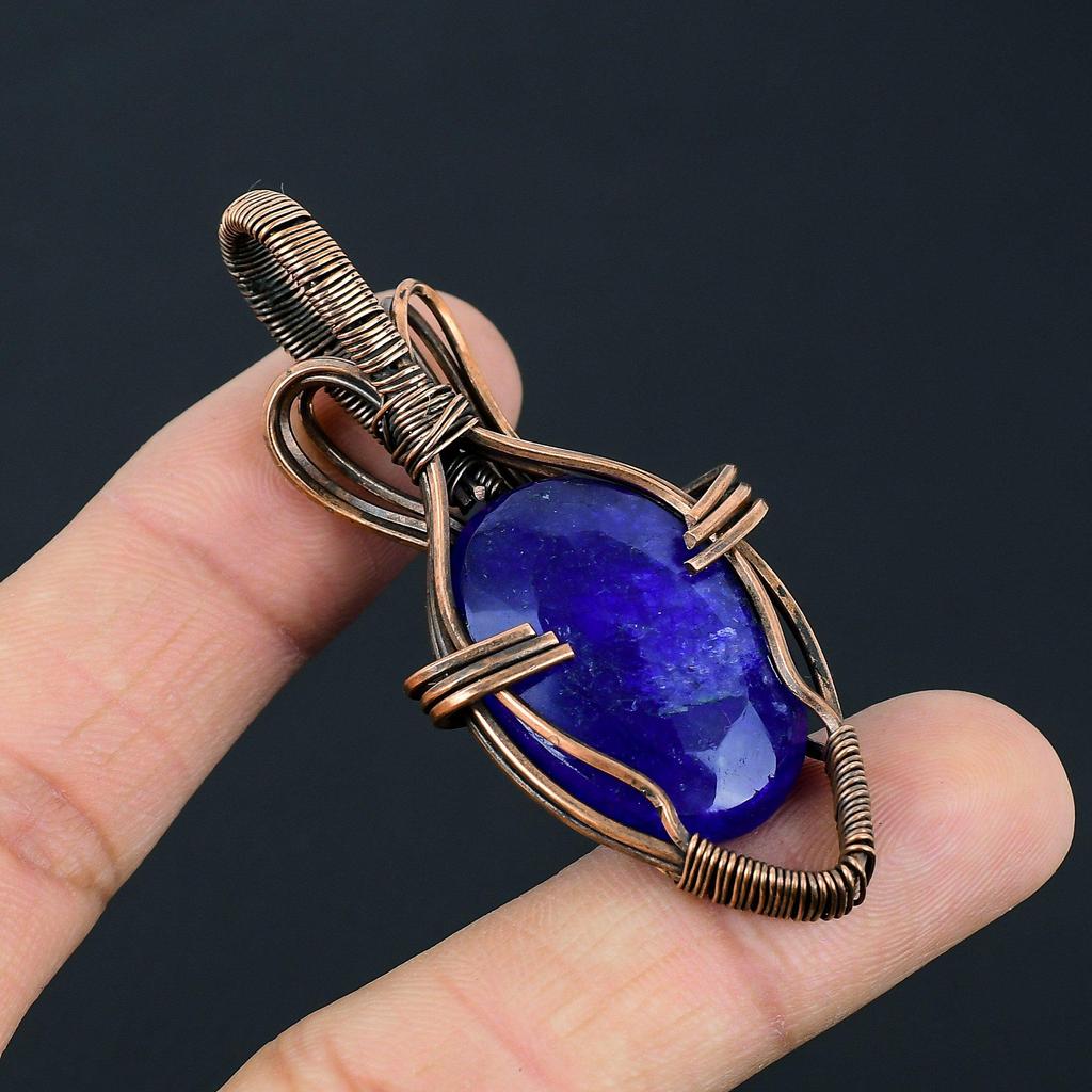 Lab-Created Blue Sapphire Gemstone Handmade Pure Copper Wire Wrapped Pendant Jewelry For Memorial Day