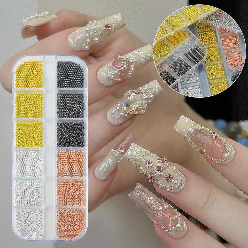 Luxury Mix: Cross-border Steel Beads & Metal Nail Ornaments Set in Gold, Silver, Rose Gold – 12 Long Strips, Mixed Sizes