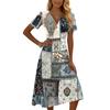 Women Casual Vintage Floral Print Short Sleeve V Neck Dress Midi Length Lightweight Summer Dress for Daily Wear