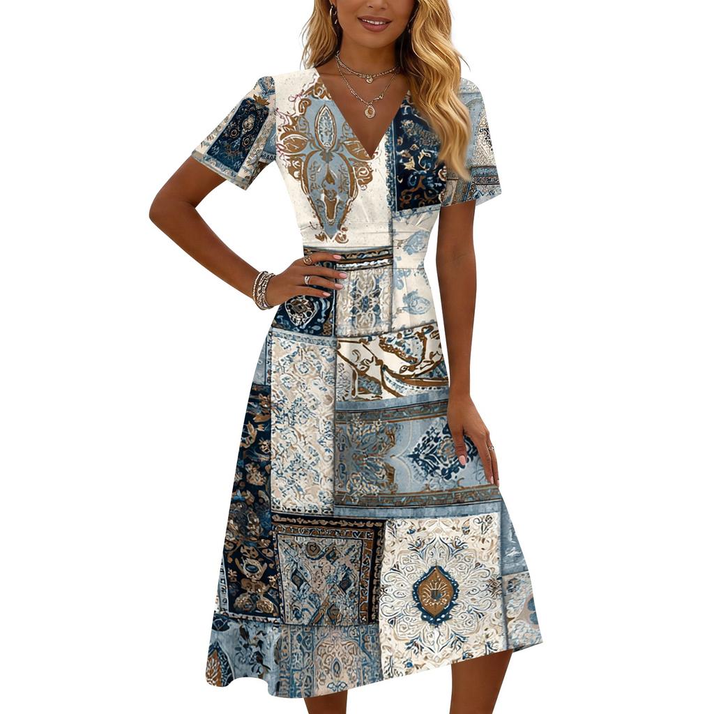 Women Casual Vintage Floral Print Short Sleeve V Neck Dress Midi Length Lightweight Summer Dress for Daily Wear