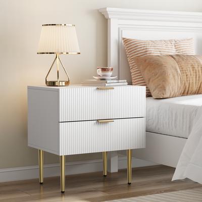 White Nightstand with Wave Pattern and 2 Drawers, Bedroom Nightstand, Modern Nightstand with Metal Legs, 1 Piece