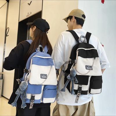 Fashion Color Blocking Chain Schoolbag Unisex College Student Backpack Korean Version Ulzzang Simple Mori High School Youth Book Bag with Pendant