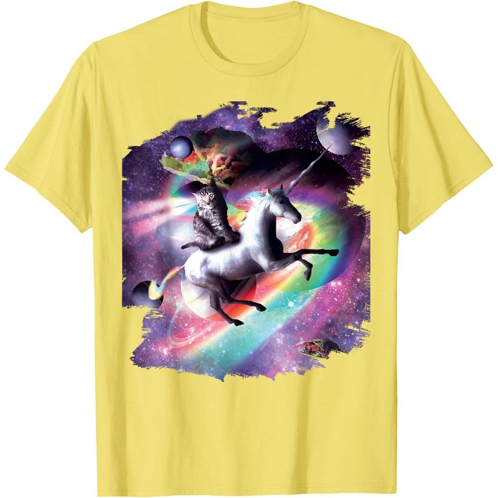 Space Cat Riding Unicorn Graphic Print Mens Cotton Casual Crewneck Tshirt
