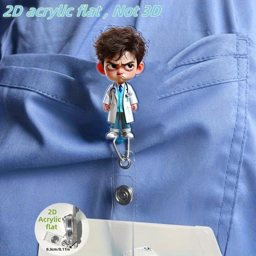 2D Flat Acrylic Unhappy Doctor Retractable Badge Reel, Multifunctional Work ID Holder, Lovely Gift For Teacher Nurse Doctor Student And Office Staff