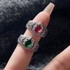 925 Sterling Silver Rings For Women Geometric Fine Jewelry Finger Adjustable Vintage Green Stone Ring For Party Birthday Gift