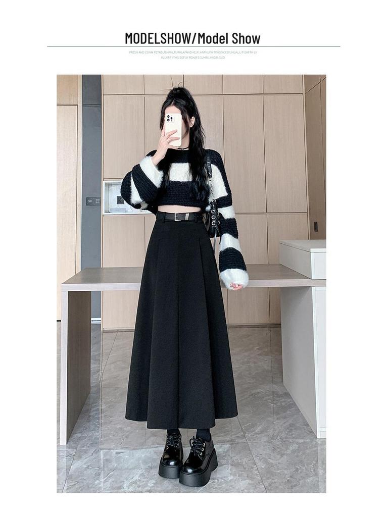 2025 Autumn/Winter Women's High-Waist Grey Wool Pleated Mid-Length A-Line Skirt