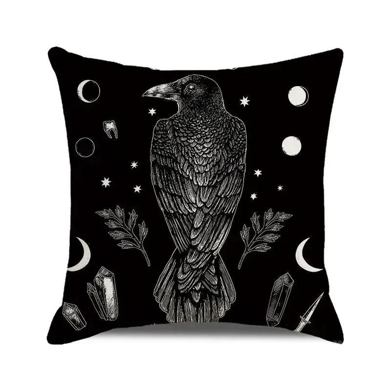 Gothic Black Cat Skull Cushion Cover Witchy Pentagram Tarot Peach Skin Throw Pillowcase For Sofa Living Room Halloween Decor