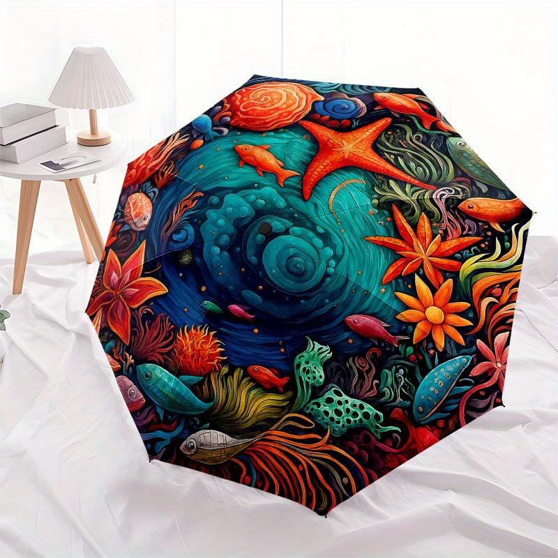 Underwater Paradise: Vibrant Sea Life Circular Art Print Umbrella, Cute Umbrella with Cute Design, Portable 3-Fold Compact Umbrella for Men & Women, V