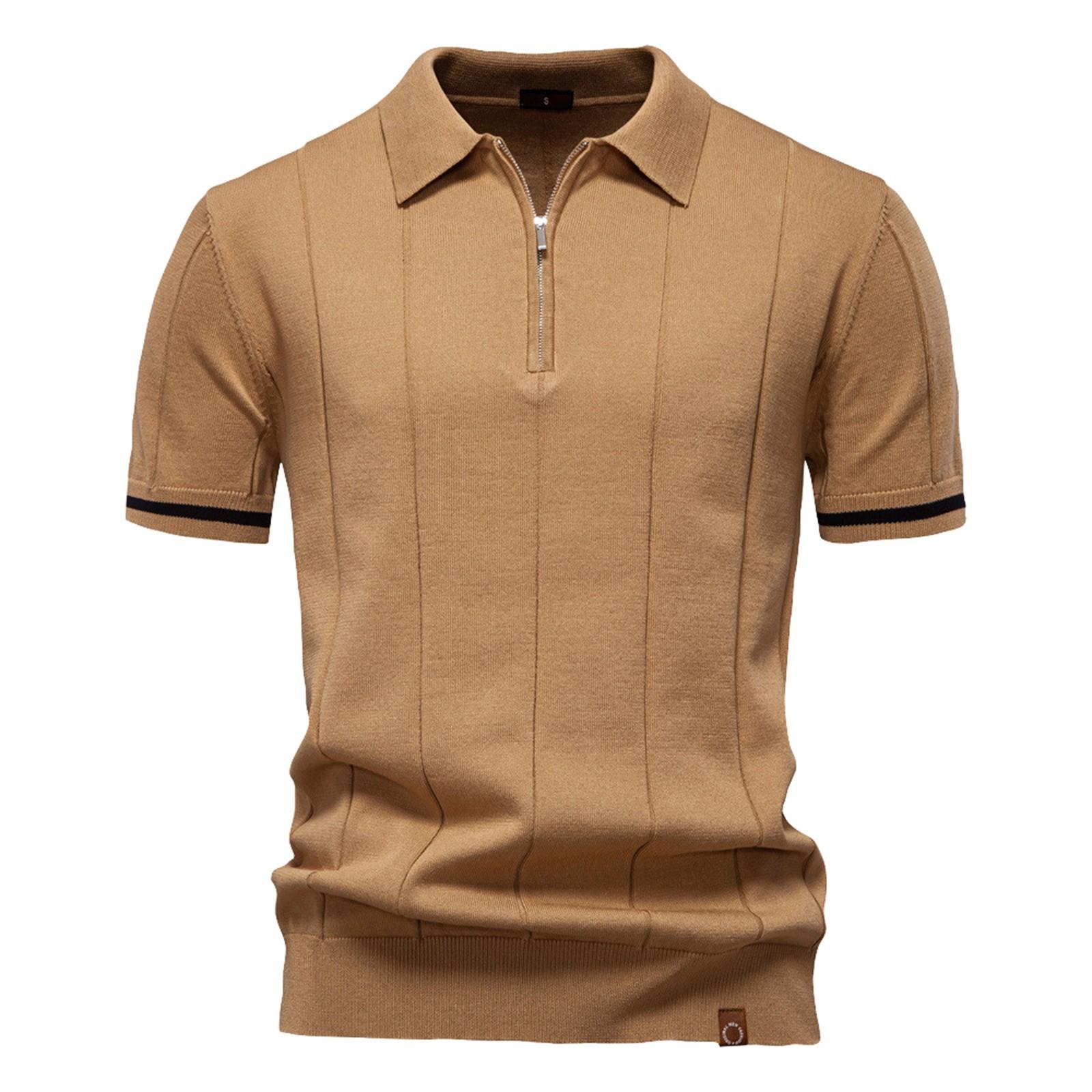 Men s Summer Color Knitted Zipper Lapel Short Sleeve Top Men s Casual Fashion Shirt XL