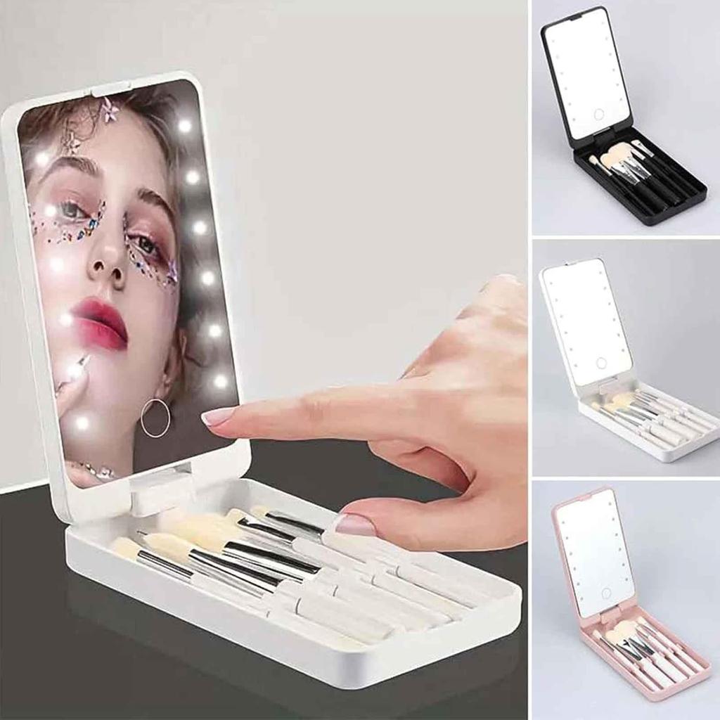Oglindă LED pentru Machiaj cu Lumini, Set Mini de 5 Pensule, Oglindă de Călătorie Rotativă la 360°, Kit Cosmetic Portabil pentru un Machiaj Perfect în Deplasare