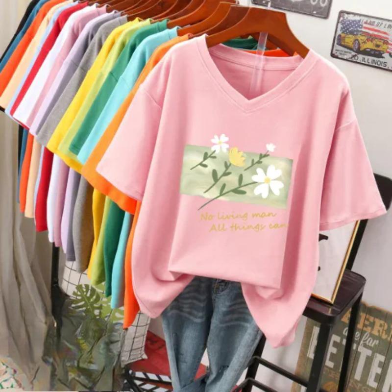 Short-sleeved T-shirt for Women, Large Size, Loose and Slimming, Printed V-neck Top