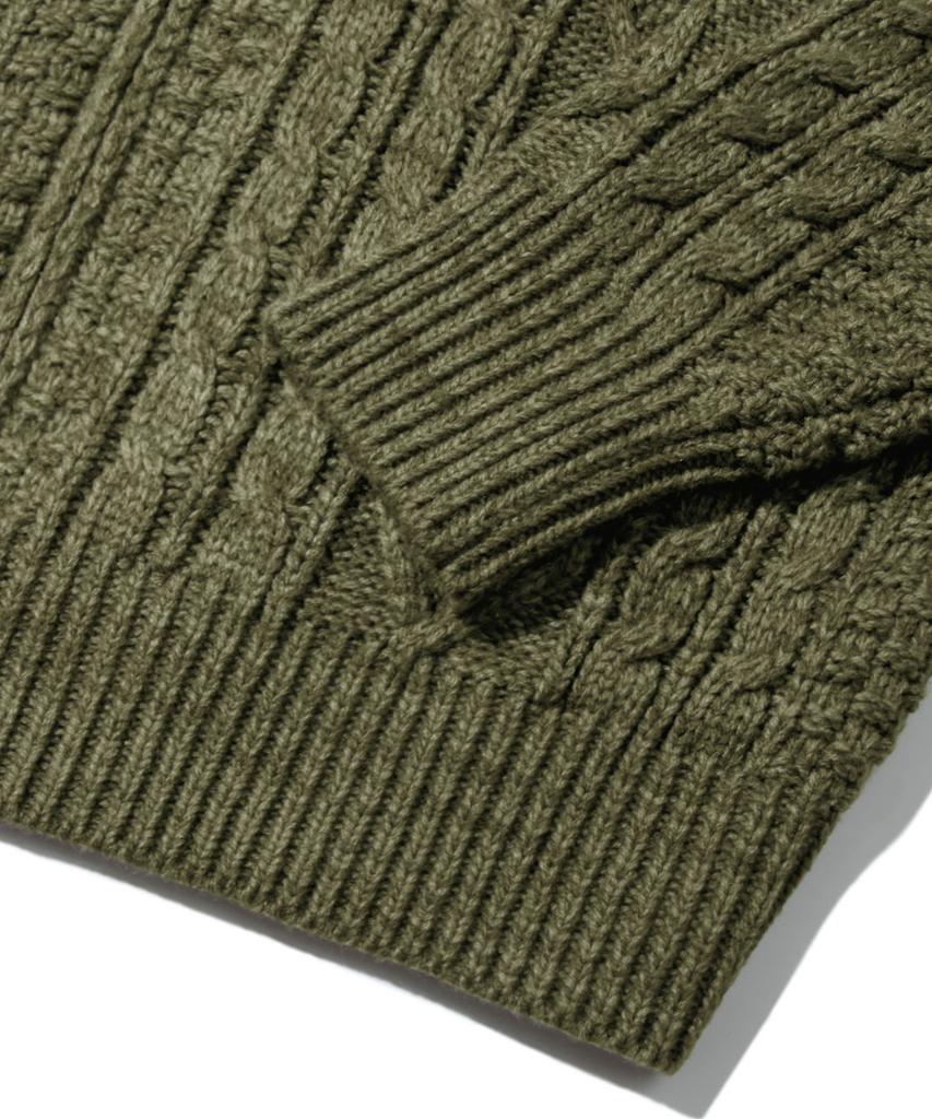 TRILLION Washable Aran Cable Hooded Zip-Up Knit (Khaki)