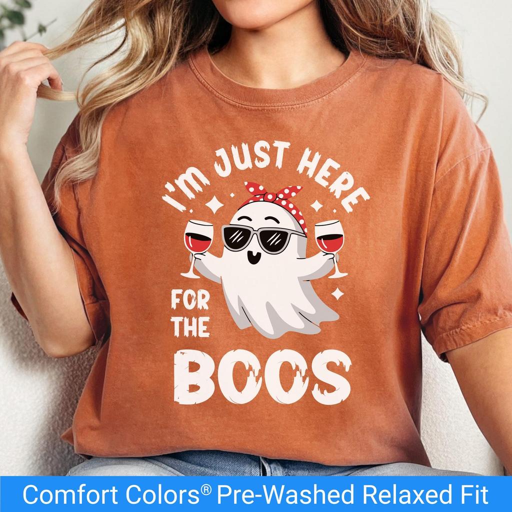 Comfort Colors Halloween Shirt, Funny Wine Ghost Tee, I'm Just Here For The Boos TShirt, Spooky Season T-Shirt, Wine Lover Gift