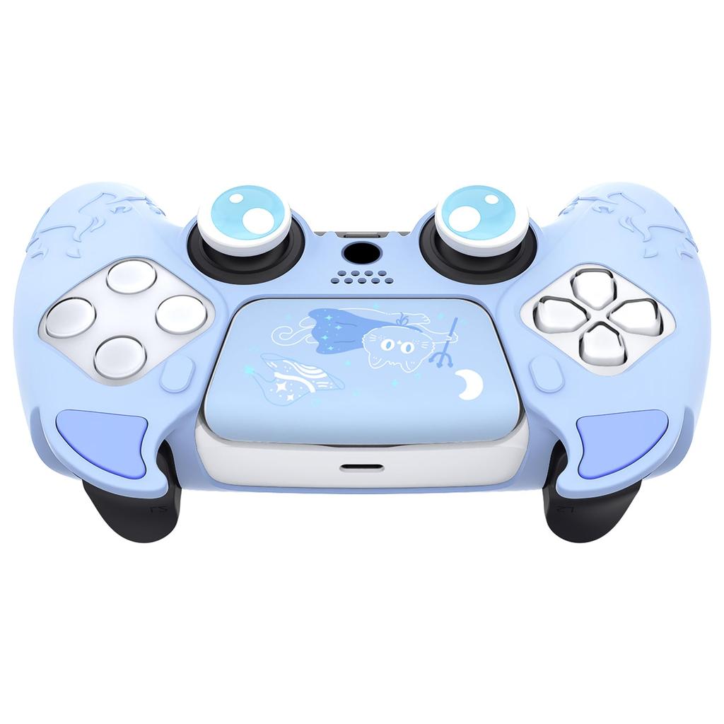 PlayVital Silikonhülle für PS5 Niedliche Controller-Hülle Skin-Schutz mit Daumengriffkappen Touchpad-Aufklebern Controller, (Dämonenstil) & [Babyblau]