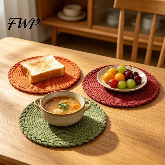 Heat Buffer Table Mat 12 Inch Round Placemats, Polyester Woven Braided Place Mats, Durable Washable Resistant Circle Dining Mats for Kitchen