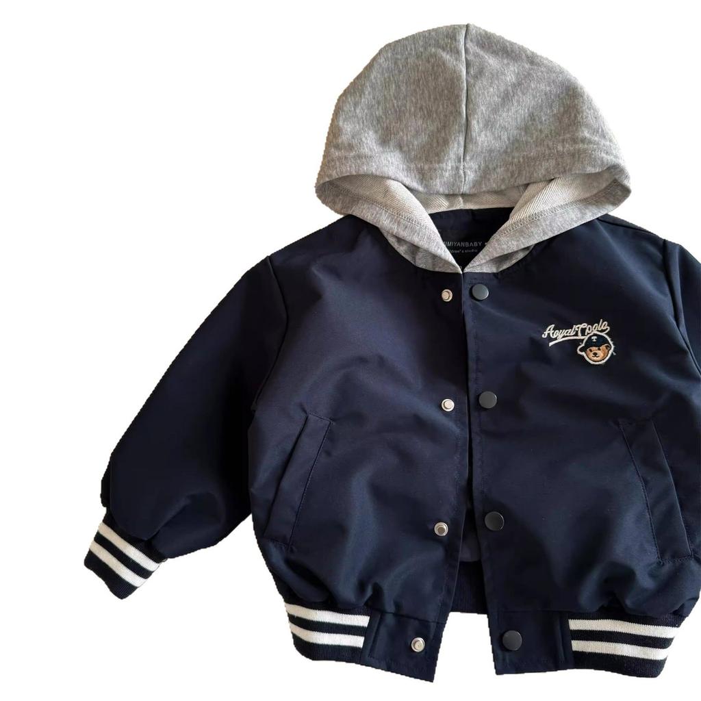 Kids Spring Autumn Hooded Baseball Jacket with Cartoon Embroidery for Boys and Girls