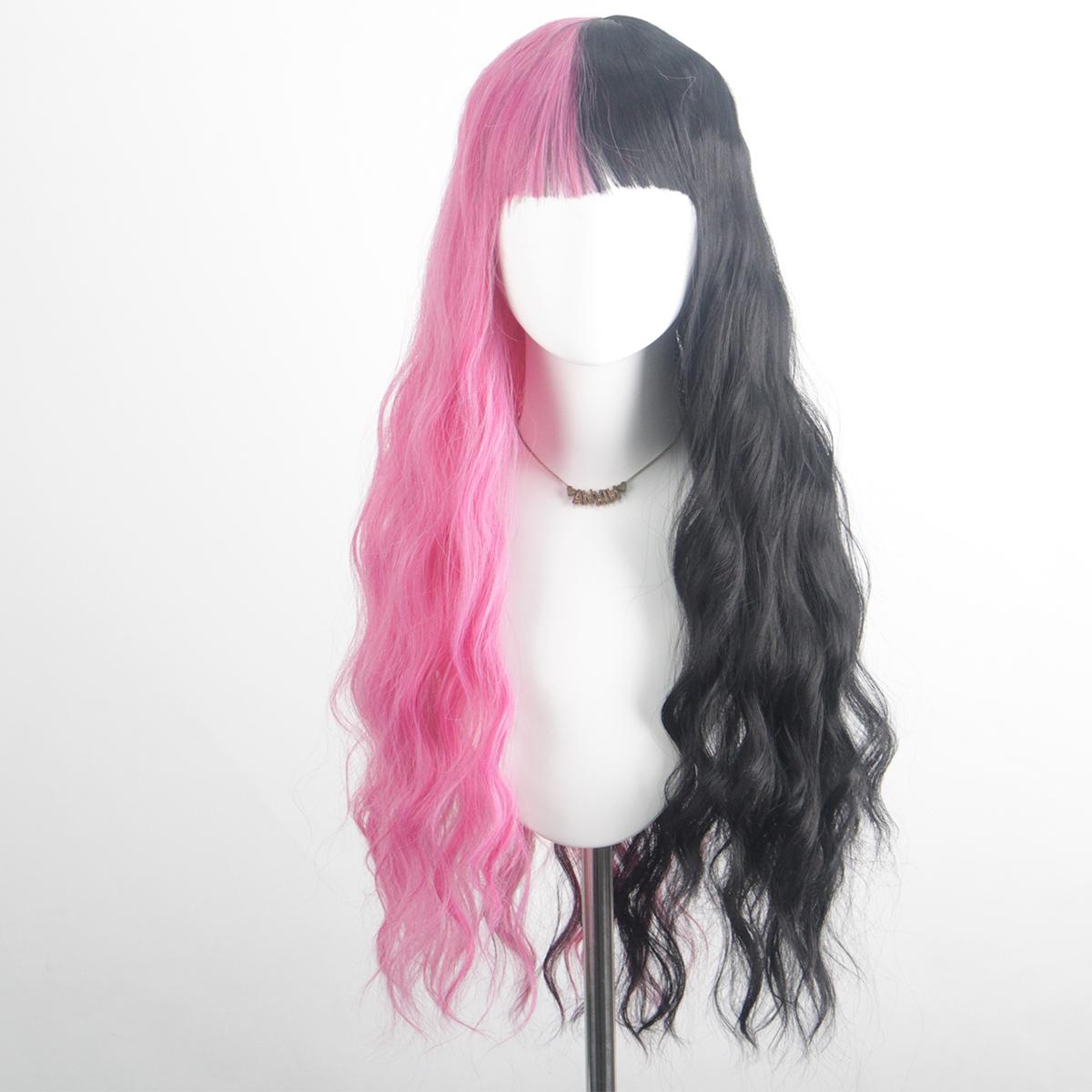 

Women s Black Pink Mixed Color High-Quality Synthetic Long Curly Hair Wig with Fashionable Qi Bangs for Party Wear