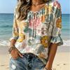 Women's Vintage Big Floral Leaf Print Tie Neck Ruffle Cuff 3/4 Sleeve Soft Flowery Loose Blouse