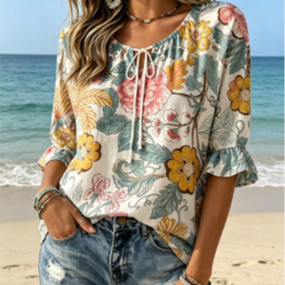 Women's Vintage Big Floral Leaf Print Tie Neck Ruffle Cuff 3/4 Sleeve Soft Flowery Loose Blouse