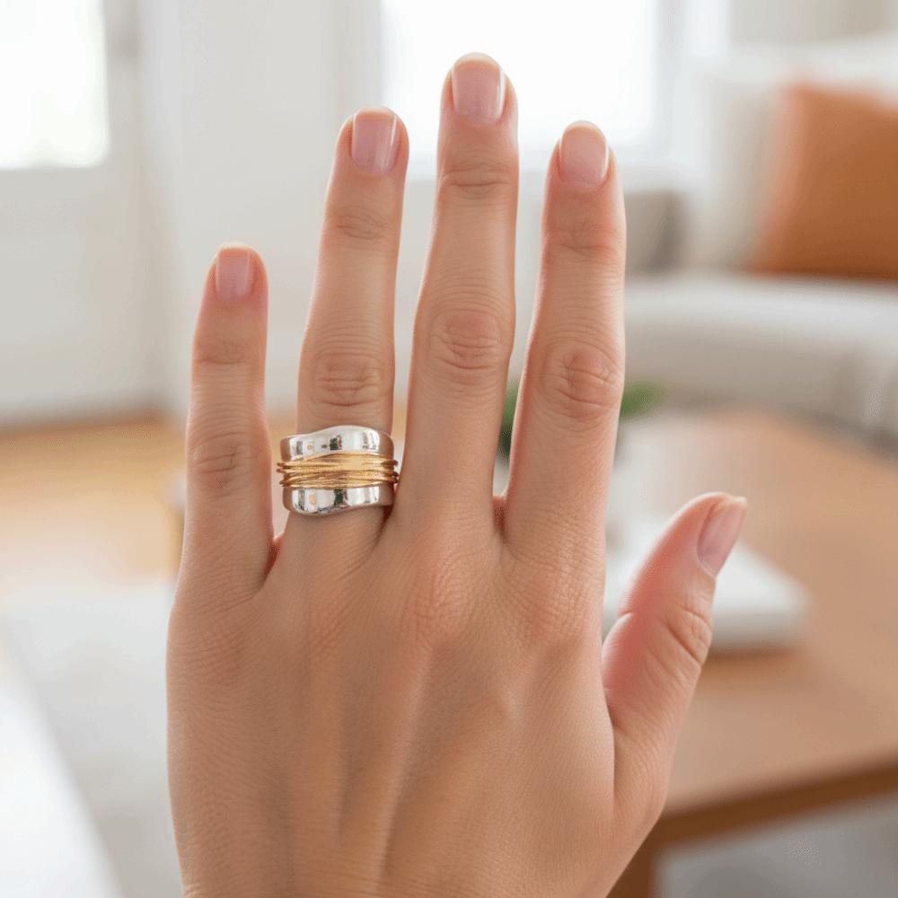 Engraved Line Two-tone Ring Double Layer Punk Style Ring Holiday Accessories