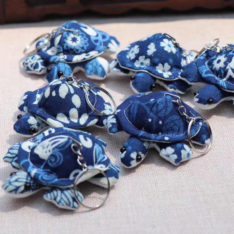Handmade Blue Dye Fabric Turtle Keychain - Dali Ethnic Style Pendant