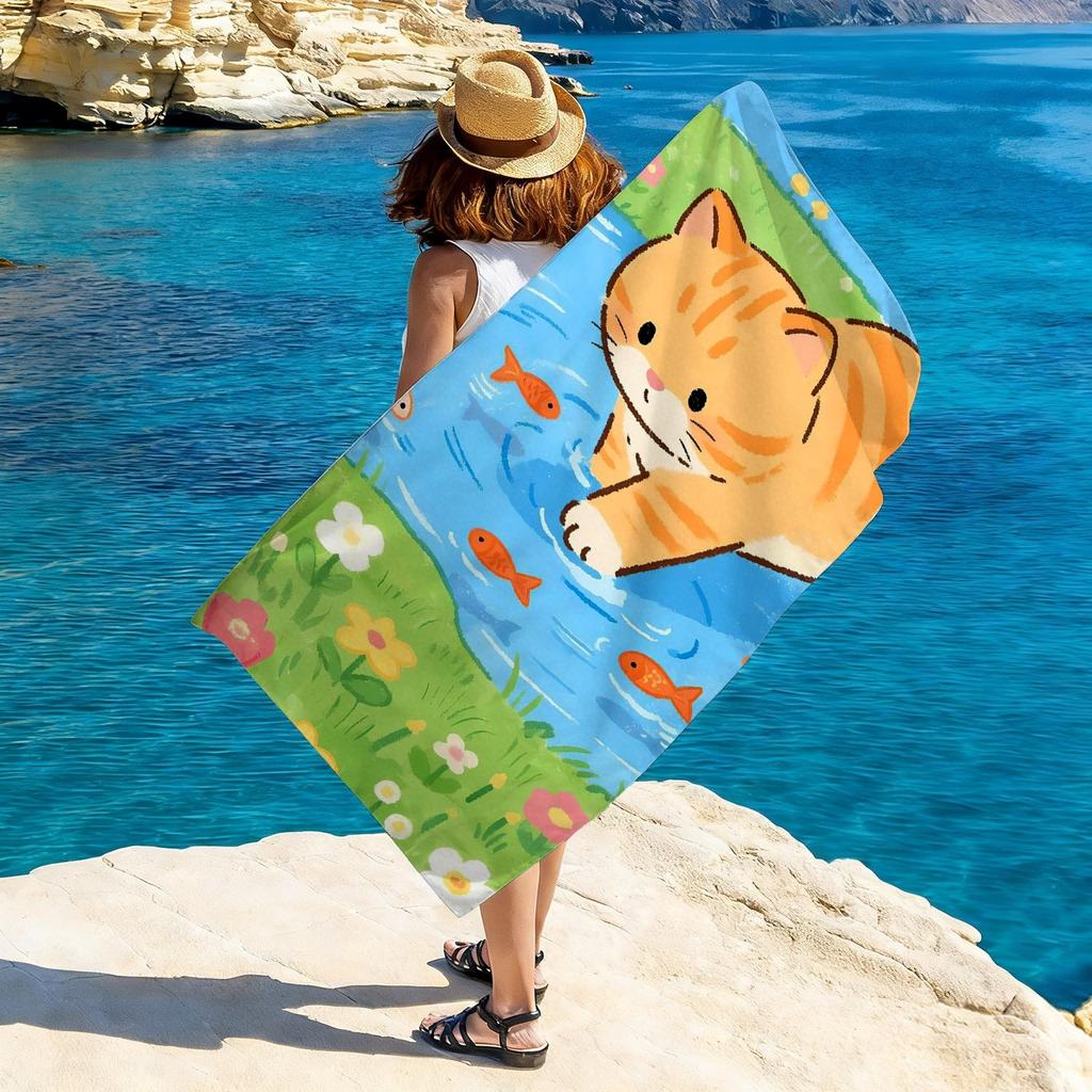 Cute Orange Tabby Cat Beach Towel, Cartoon Cat Fishing Print Oversized Bath Towel, Soft Quick Dry Summer Beach Blanket 1pcs