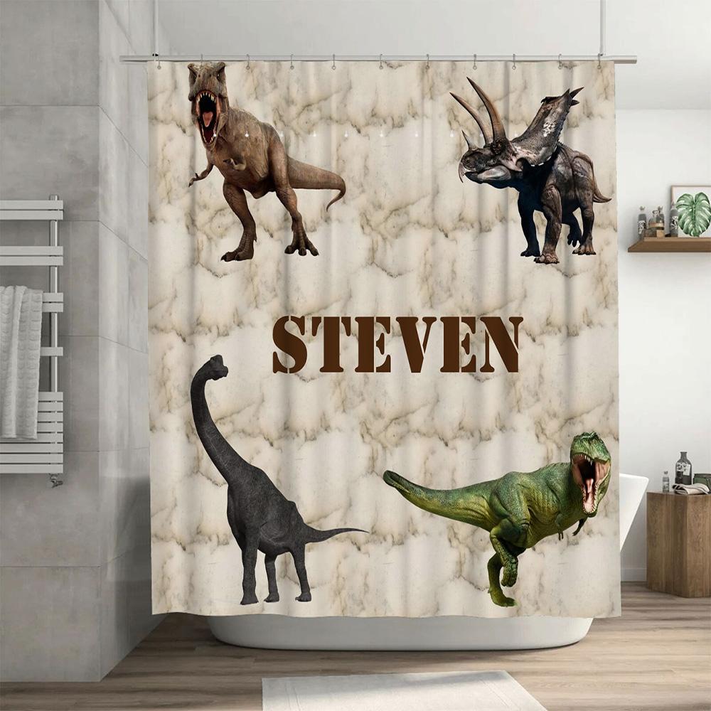 Personalized Dinosaurs Shower Curtain Custom Name Bathroom Decor Jurassic World Inspired Animal Print for Kids Bath Mat Set Si