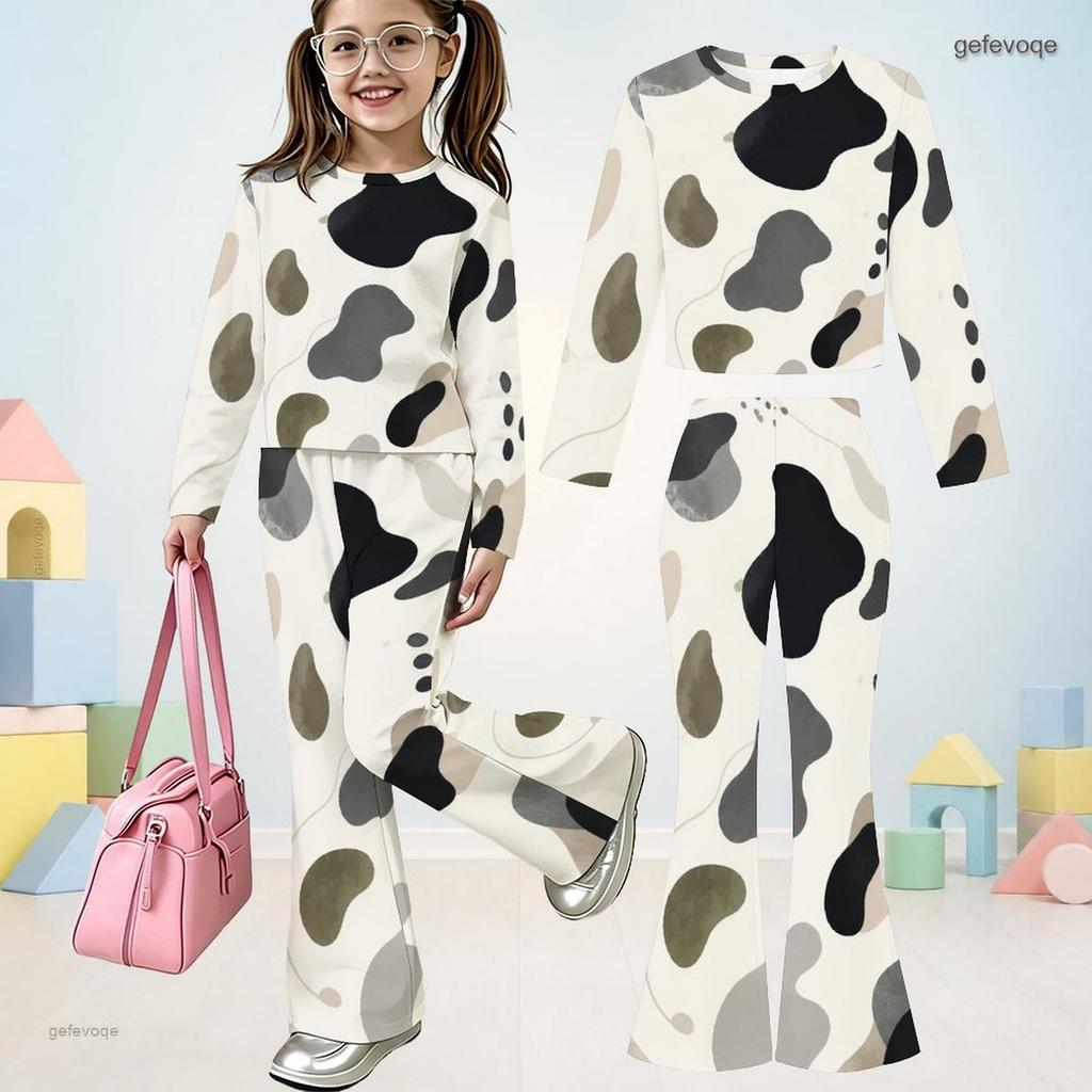 Girls Abstract Printed Round Neck Long Sleeve Top And Flared Pants Two Piece Set