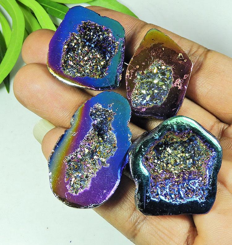 31-33 MM Rainbow Titanium Aura Agate Druzy Fancy Loose Gemstone 4 Pcs Lot SY-110