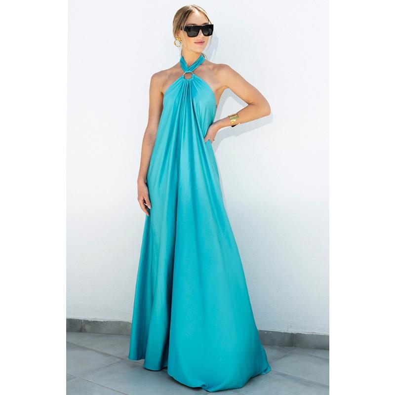 Women's Summer Sexy Temperament Satin Halter Swing Gown Party Travel Dresses