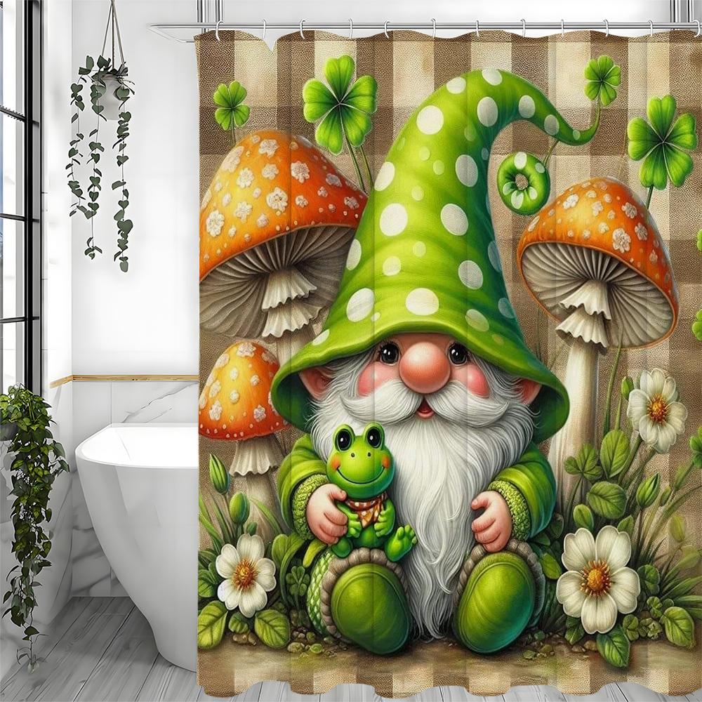 Green Cure Dwarf Frog Mushroom Floral Shower Curtain, Bathroom Decorative Shower Curtain, Waterproof Shower Curtain with Hooks