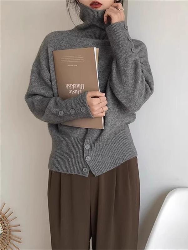 Retro High Neck Button Sweater: Women's Autumn/Winter Solid Color Knit with Slit
