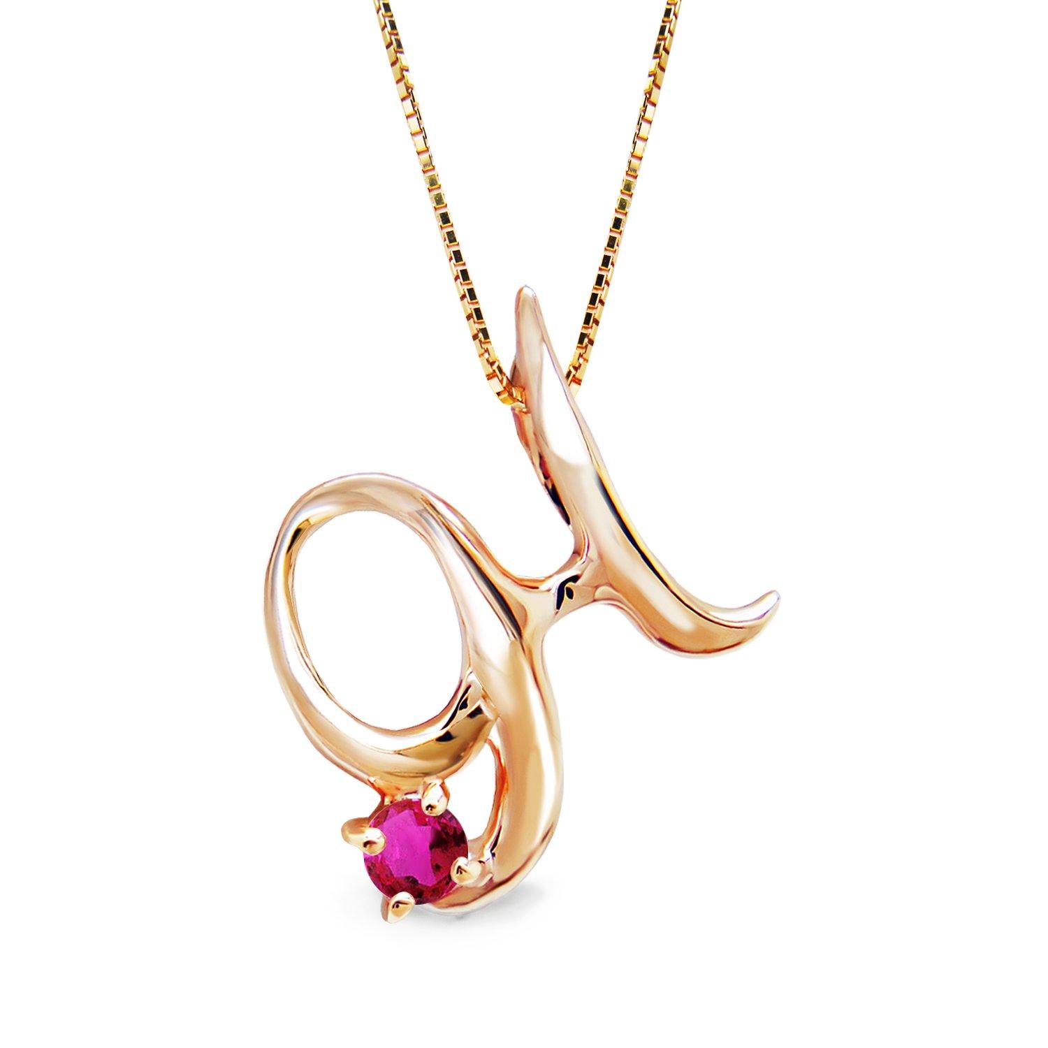 

miwahouseki Initial Pink Gold Alphabet Necklace with Selectable Birthstone [Miwahouseki] [H] (July Ruby)