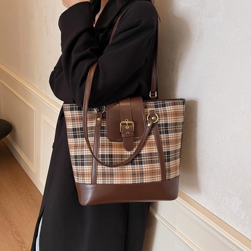 Karierte Umhängetasche mit großer Kapazität für Damen im Vintage-Stil, Einkaufstasche, Rucksack