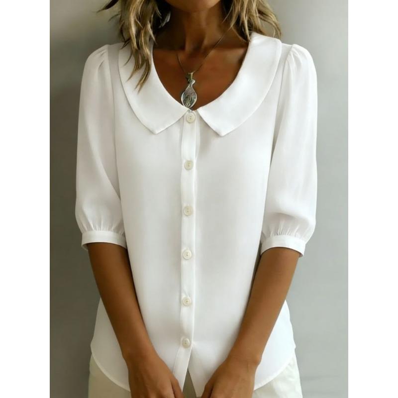

Womens Solid Color Peter Pan Collar Puff Half Sleeve Button Down Blouse S белый